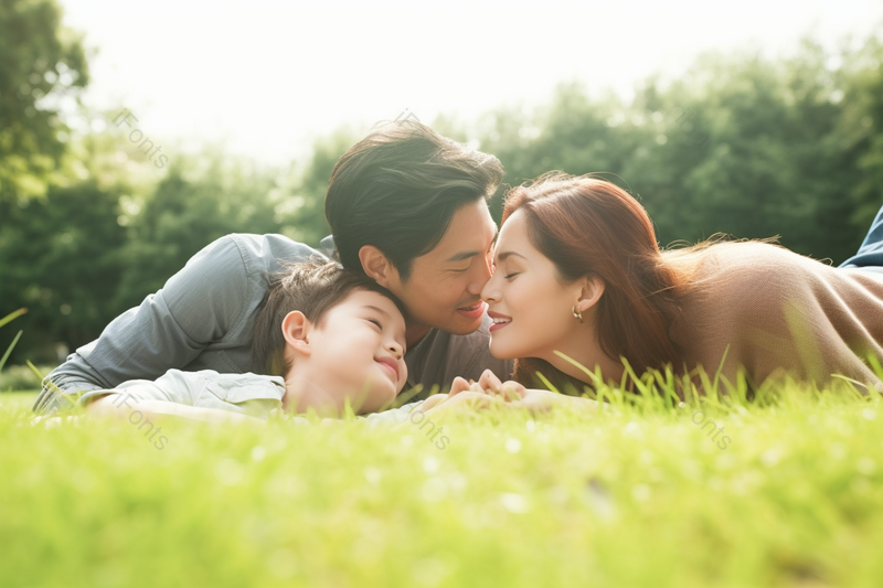 户外草坪一家人亲昵实拍摄影图,高清,摄影图,摄影图片,图片大全,摄影图免费下载